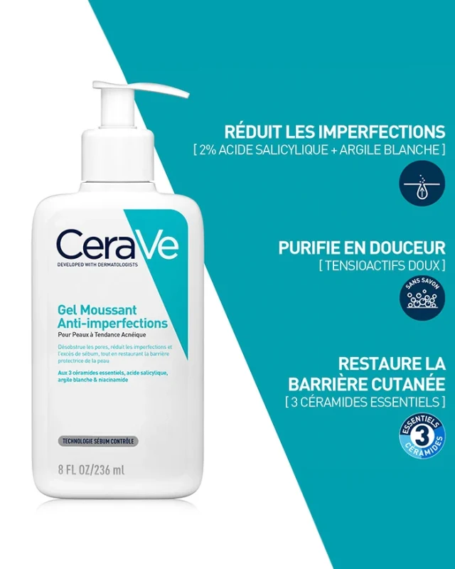 CERAVE GEL MOUSSANT ANTI-IMPERFECTIONS PEAUX A TENDANCE ACNEIQUE 236ML